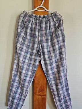 Plaid Drawstring Men’s Pants - Light Gray & Purple